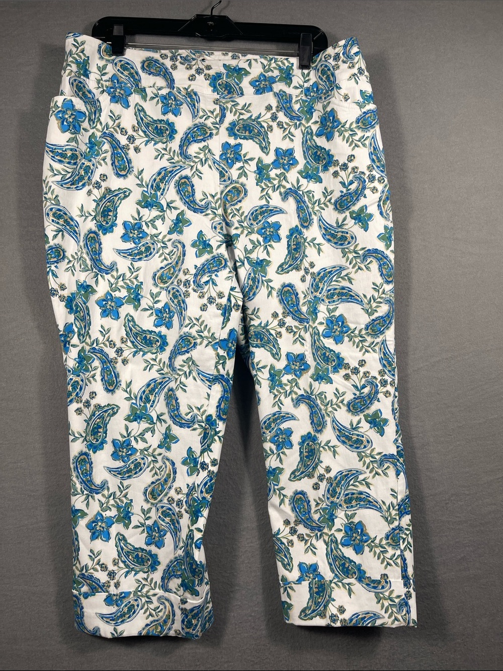 White Cropped Pants with Blue & Green Paisley Floral Print